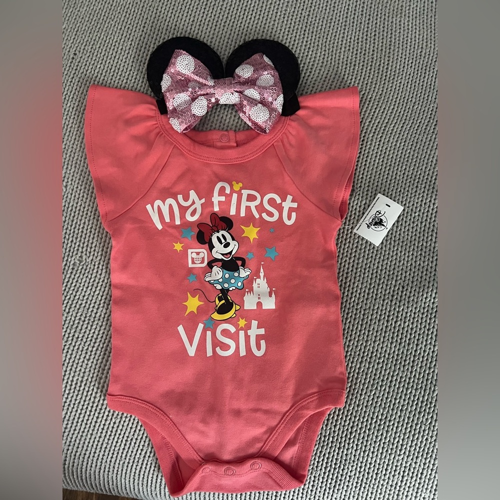 Disney Coral Minnie Mouse Onesie and headband